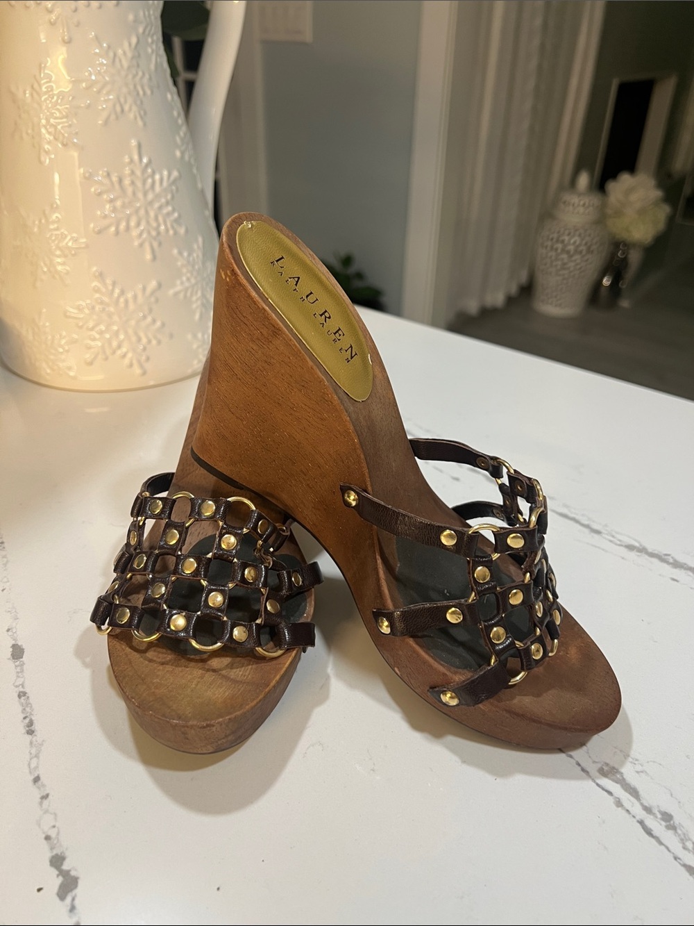 Lauren Ralph Lauren Brown Studded Wedge Sandals